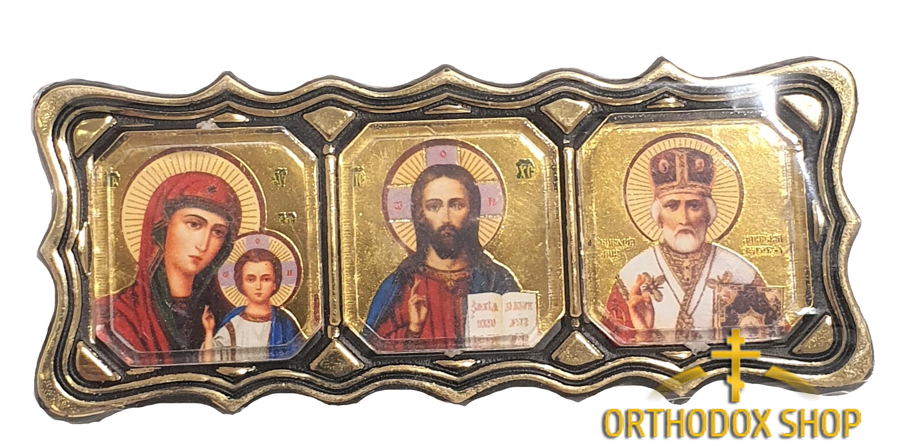Автомобильная Икона Богоматерь Казанская, Господь Вседержитель и Николай Чудотворец. Освященная
